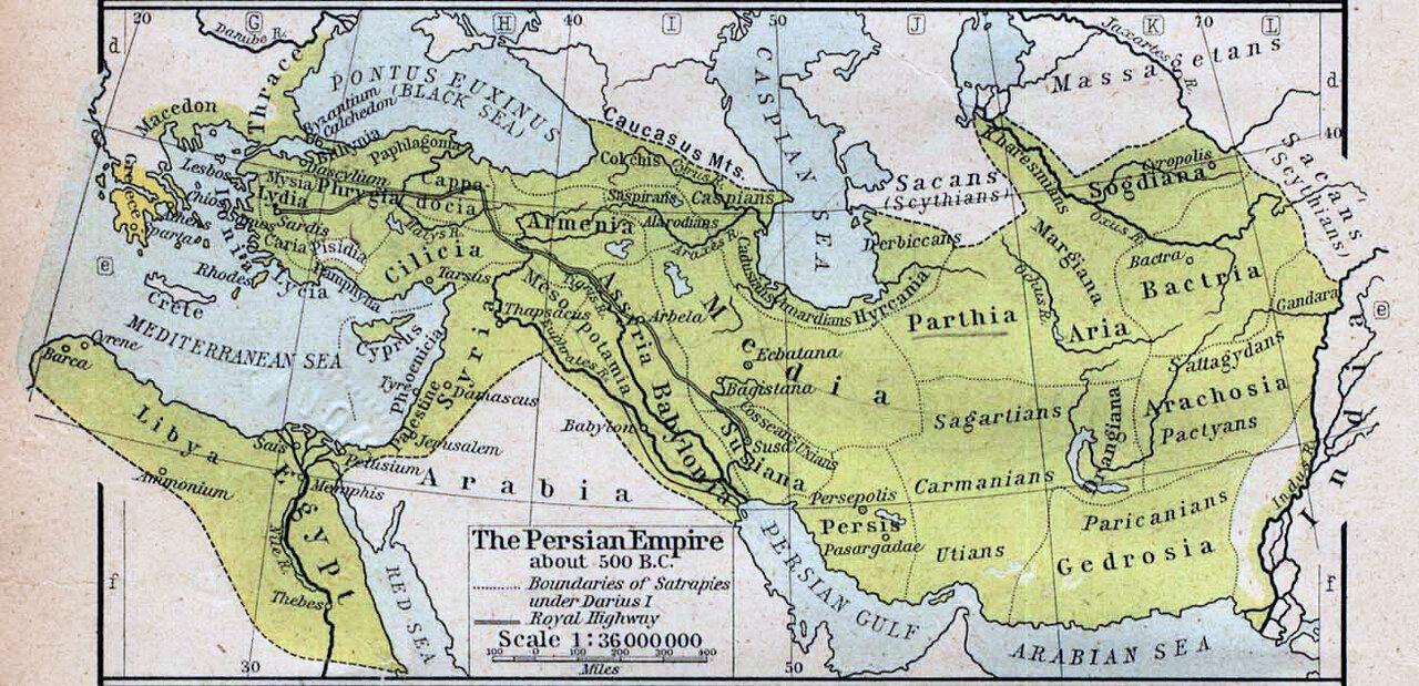Map depicting the Achaemenid Persian empire in relation to the Persian Gulf.