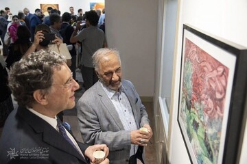 Spanish Ambassador Angel Losada Fernandez and IAF director Mohammad-Mehdi Asgarpur visit the exhibition “Reflections of Spain” at the Iranian Artists Forum in Tehran on May 4, 2023. (IAF/Leila Ebrahim