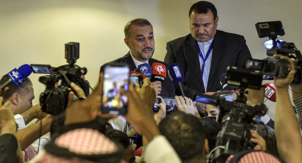 Iran's FM talking to reporters in Jeddah