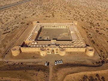 Aerial view of a centuries-old Persian carevansarai which once provided merchants, pilgrims and other trekkers with shelter, food, and water in ancient Iran.