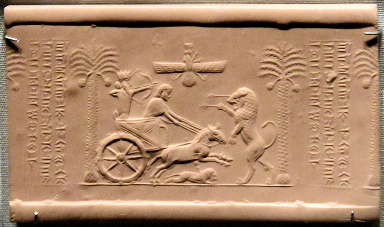 Seal of Darius the Great hunting in a chariot, reading “I am Darius, the Great King” in Old Persian.