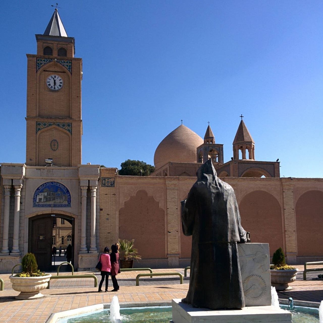 A striking clock tower stands tall at Vank Cathedral, a centuries-old place of worship in Isfahan, central Iran.