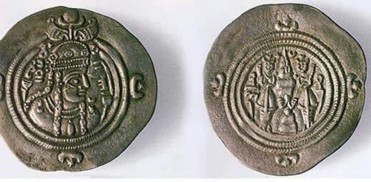 Sassanid coin depicting Empress Boran on view at Tehran museum
