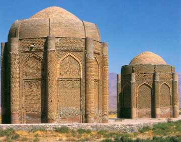 A view of Kharaghan twin towers, built near Qazvin in c. 1053 to house the remains of Seljuk princes. 