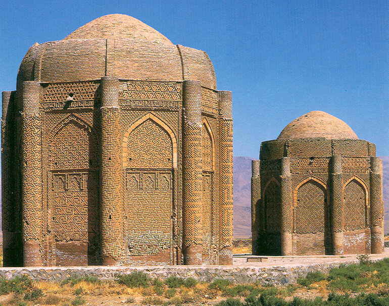 A view of Kharaghan twin towers, built near Qazvin in c. 1053 to house the remains of Seljuk princes.