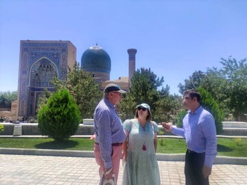 Jane and John, a couple from England, talk to the Tehran Times correspondent after the finished visits to the Mausoleum of Amir Timur in Samarkand, Uzbekistan on June 1, 2024. 