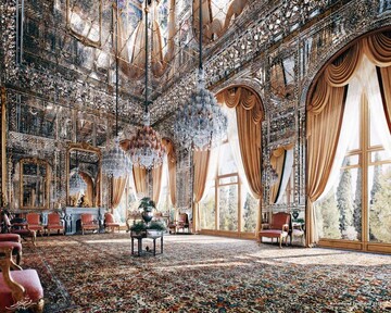 Intricate arrays of mirror work embellish a hall inside the UNESCO-listed Golestan Palace in downtown Tehran.