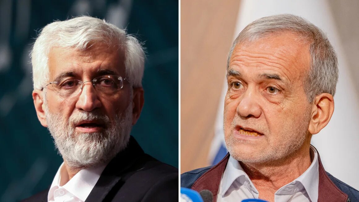 Iranian presidential candidates Saeed Jalili, left, and Masoud Pezeshkian. (Getty Images)