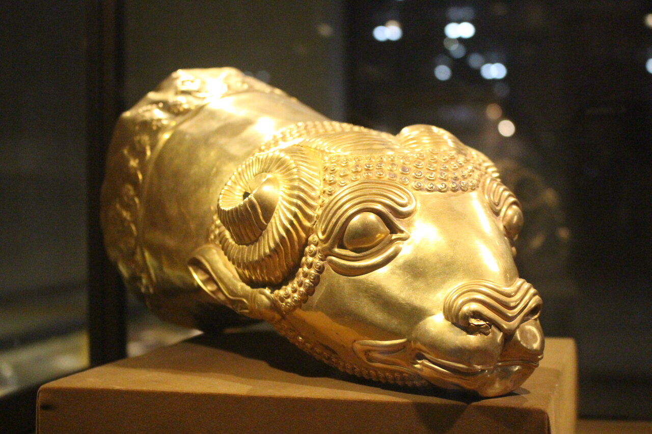 Golden rhyton of ram’s head, discovered in Ecbatana, kept at the Reza Abbasi Museum in Tehran.