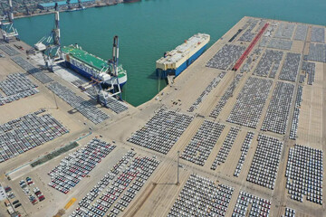 Cars for export at a port in Shandong Province, China, May 2023