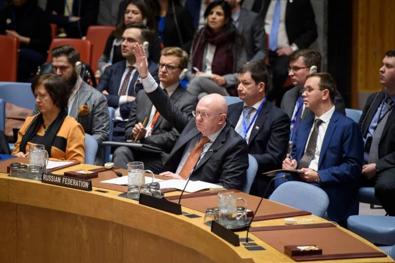 Russian Ambassador to the United Nations, Vasily Nebenzya, votes during the UN Security Council meeting in New York. Loey Felipe/UN Security Council Chamber/dpa
