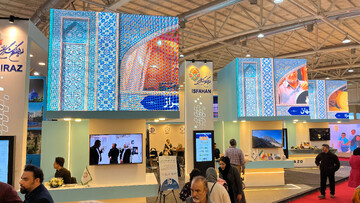 A shared pavilion represents the ancient Iranian cities of Isfahan, Yazd, and Shiraz often referred to as the Golden Triangle of Iran’s tourism sector at the 18th Tehran International Tourism and Related Industries Exhibition.