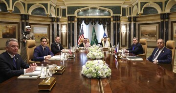 Left to right - US Middle East envoy Steve Witkoff, Secretary of State Marco Rubio, National Security Advisor Mike Waltz, Saudi Arabia's Foreign Minister Prince Faisal bin Farhan al-Saud, National Sec