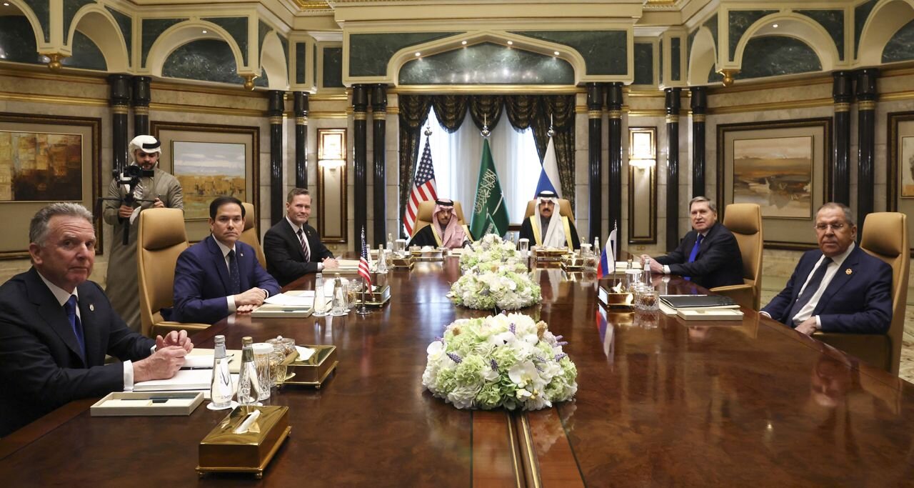 Left to right - US Middle East envoy Steve Witkoff, Secretary of State Marco Rubio, National Security Advisor Mike Waltz, Saudi Arabia's Foreign Minister Prince Faisal bin Farhan al-Saud, National Sec