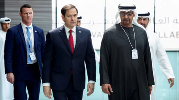 US Secretary of State Marco Rubio, left, walks with United Arab Emirates President Sheikh Mohammed bin Zayed Al Nahyan as they meet in Abu Dhabi, on 19 February 2025 (Evelyn Hockstein/Pool/Reuters)