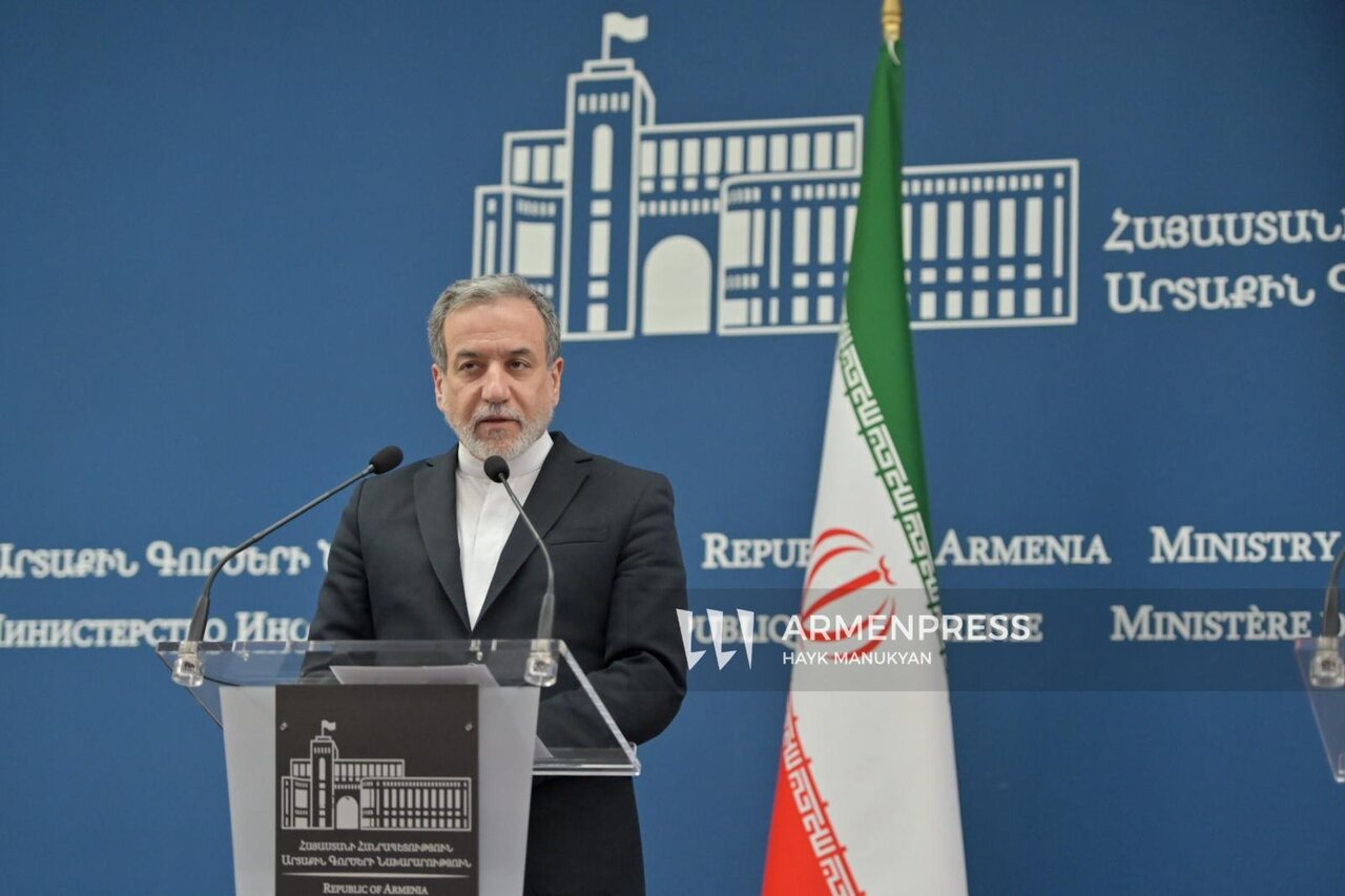 Araghchi speaking to reporters in Yerevan, Armenia