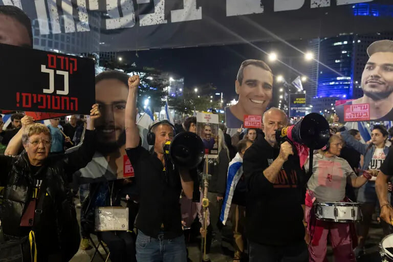 Demonstrators gather in Tel Aviv to demand the release of hostages held in Gaza. Getty Images