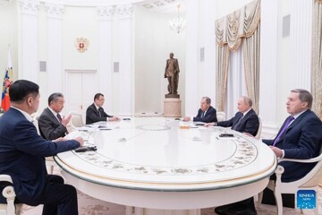 Russian President Vladimir Putin meets with visiting Chinese Foreign Minister Wang Yi in Moscow, April 1, 2025. [Xinhua/Bai Xueqi]