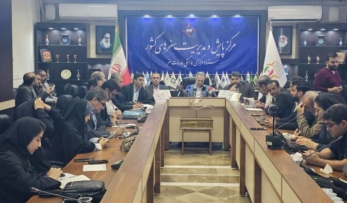 Members of the Traveling Services Coordination Headquarters hold a press conference in a tourism ministry office in downtown Tehran discussing domestic travels made by Iranian people during the Nowruz holidays, April 6, 2025.