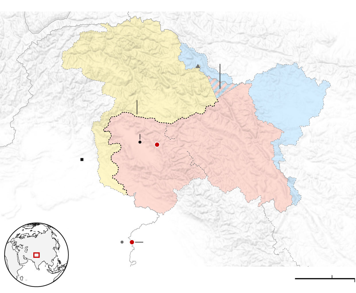 Map of Kashmir divided between Pakistan and India