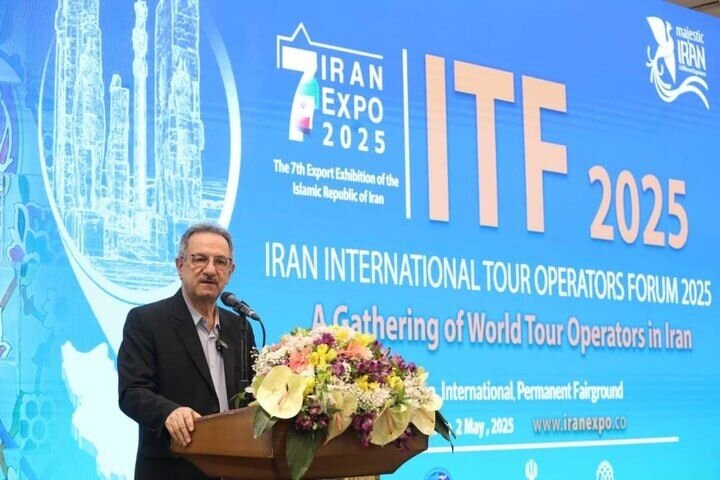 Iran’s Deputy Tourism Minister, Anoushirvan Mohseni-Bandpey, delivers an address to a gathering of over 100 international tour operators at a Tehran hotel, April 29, 2025.