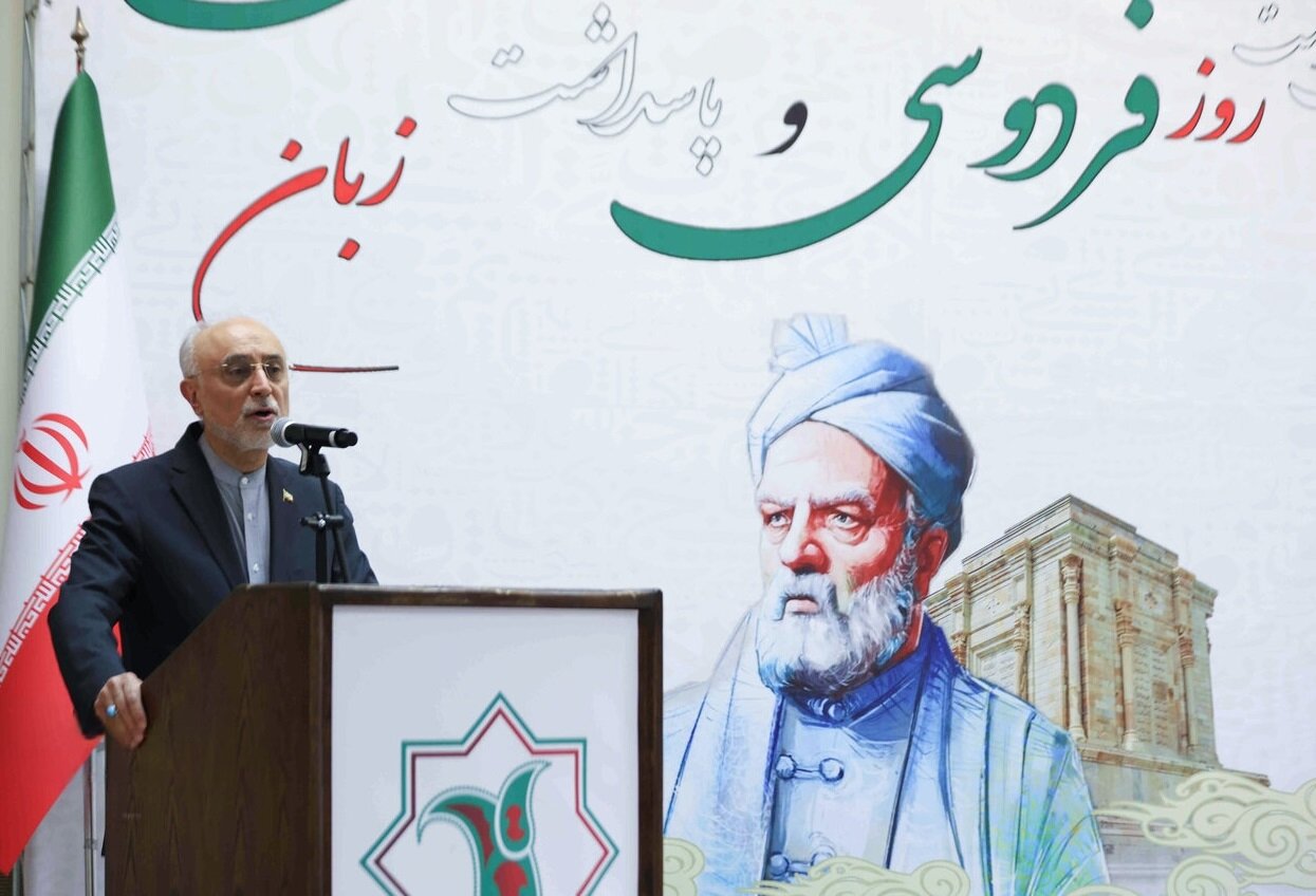 Ali Akbar Salehi, President of the Iranology Foundation, addresses a gathering of scholars, cultural experts, and literary enthusiasts during a ceremony on Ferdowsi Day held at one of the foundation’s halls on May 14, 2025.