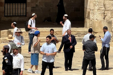 Minister Itamar Ben-Gvir surrounded by Israeli settlers inside the Al-Aqsa Mosque compound [Ammar Awad/Reuters]