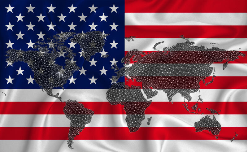American flag and the world map