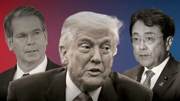Trump decries trade deficit with Japan as U.S. Treasury Secretary Scott Bessent, left, skips meeting with Tokyo's top negotiator Ryosei Akazawa during the latest round of talks. (Nikkei montage)