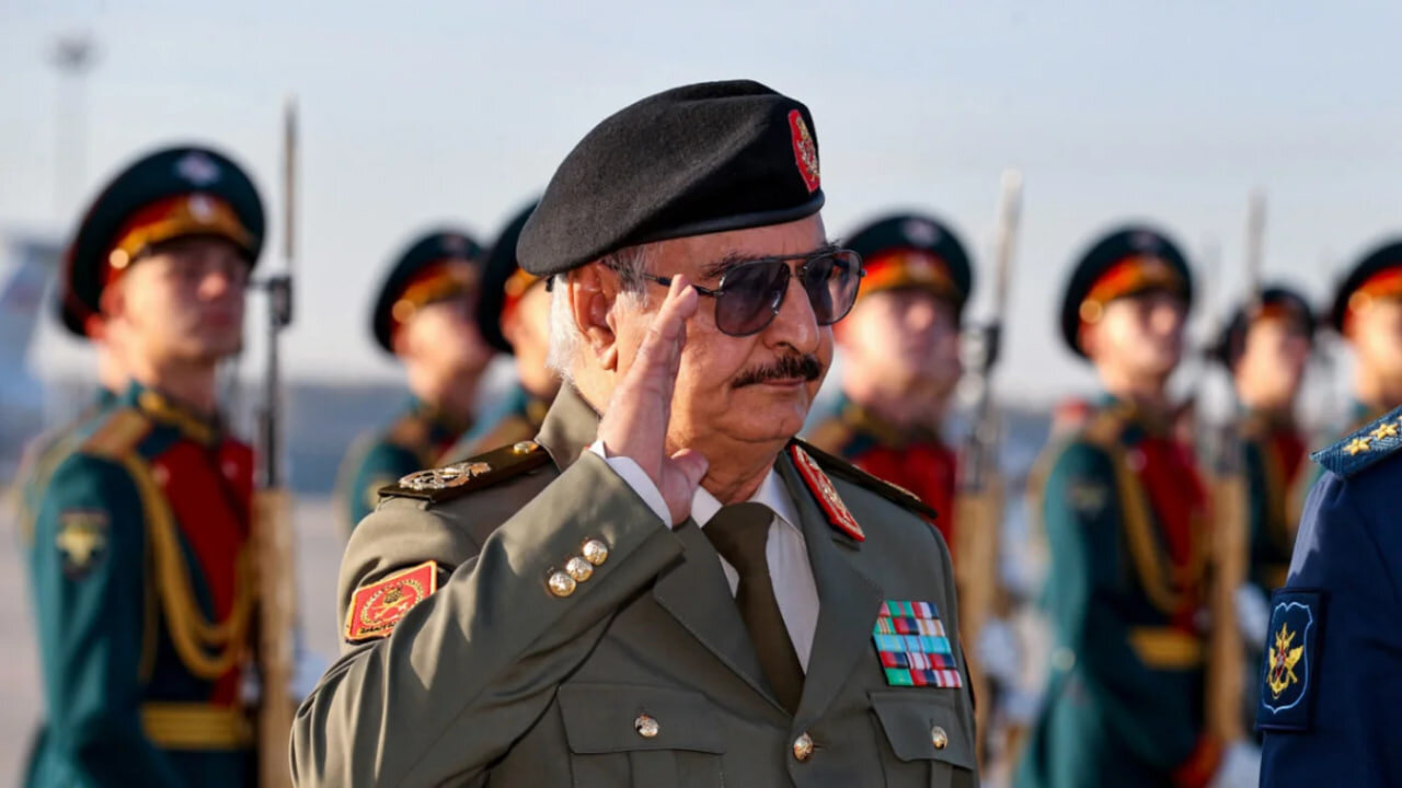 Khalifa Haftar at a Moscow military airfield on 26 September 2023 (General Command of the Libyan National Army/AFP)