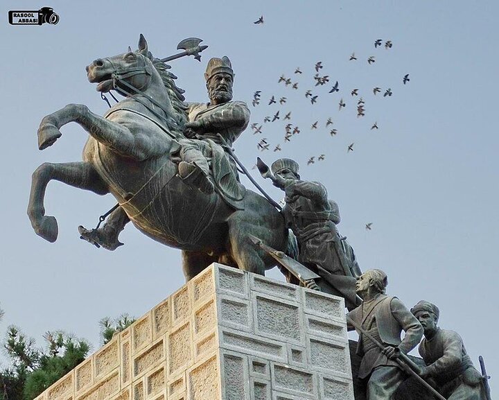 An equestrian statue of Nader Shah Afshar, sometimes referred to as the Napoleon of Persia, near his mausoleum in Mashhad, northeast Iran.