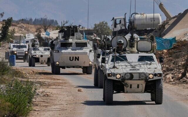 French UN peacekeepers patrol the Lebanese-Israeli border in the village of Houla, southern Lebanon, August 20, 2025. (AP Photo/Hussein Malla)