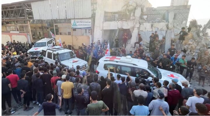 Red Cross vehicles transporting some of the Israeli captives.  (Reuters: Dawoud Abu Alkas)