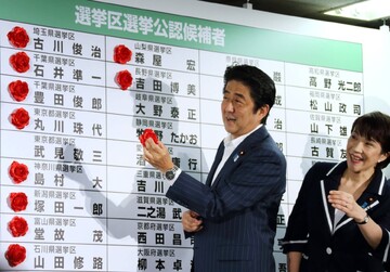Shinzo Abe and Sanae Takaichi mark a win by a party candidate in the July 2013 Upper House election. (Photo: BLOOMBERG)