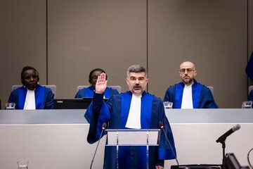French judge Nicolas Guillou is sworn in at the headquarters of the International Criminal Court in The Hague, Netherlands, on March 8, 2024. 