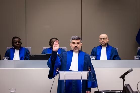 French judge Nicolas Guillou is sworn in at the headquarters of the International Criminal Court in The Hague, Netherlands, on March 8, 2024.