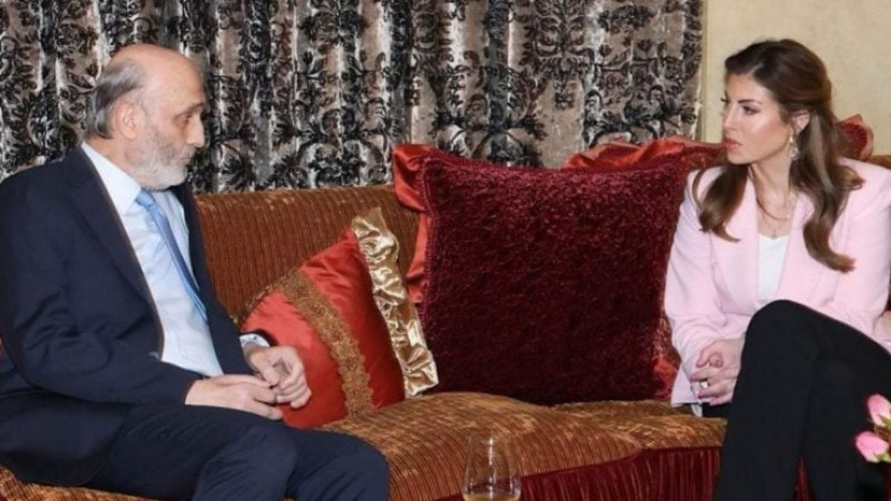 US special envoy Morgan Ortagus (right) talking to Lebanese Forces party leader Samir Geagea