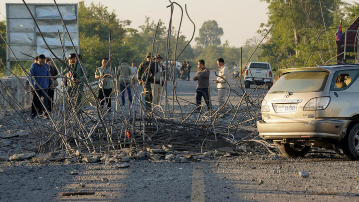 A damaged bridge after what appears to be Thailand's air strikes in an area between Cambodia's Oddar Meanchey and Siem Reap provinces (STR, AFP)