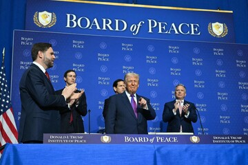 President Donald Trump arrives for the inaugural meeting of the Board of Peace at the U.S. Institute of Peace in Washington on Thursday. | AFP-JIJI