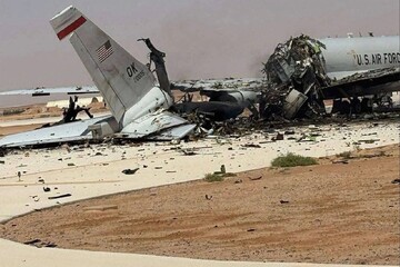 This image, posted March 29, 2026, shows a destroyed U.S. AWACS aircraft at Prince Sultan Airbase, Saudi Arabia, after a projectile strike