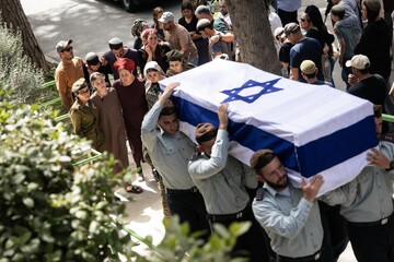 Funeral procession for Israeli Warrant Officer Alexander Glovanyov in Petah Tikva on May 16, 2026. He was killed by a Hezbollah explosive drone strike near the Lebanese border.