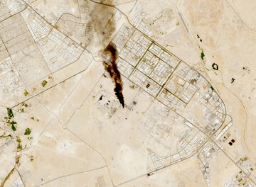 Smoke rises from the site of the Saudi Aramco refinery after reported Houthi attacks, south of Riyadh, Saudi Arabia, in this satellite image taken on October 3. European Union/Copernicus Sentinel-3