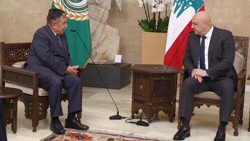 President Aoun talking with Arab League Secretary-General Nabil Fahmy at the presidential palace