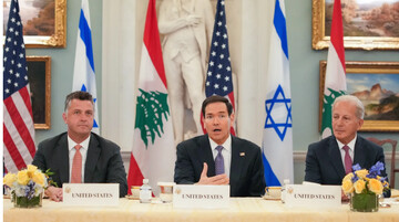 Rubio at a meeting with Israel and Lebanon, flanked by Counselor Michael Needham (L) and U.S. Ambassador to Lebanon Michel Issa (R). Photo: Andrew Harnik/Getty Images